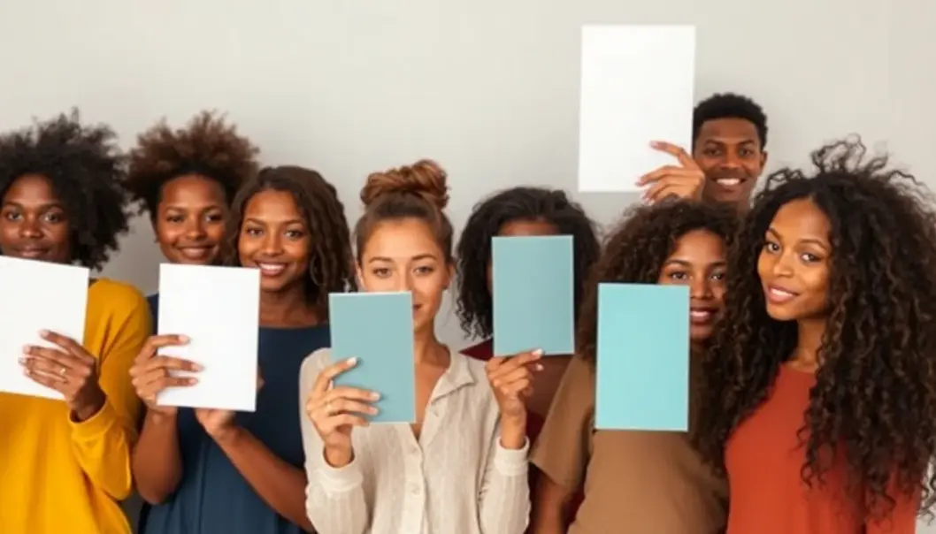 Individuals determining their skin tone using mirrors and paper.