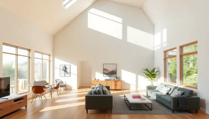 Stylish apartment with open layout and multifunctional furniture.