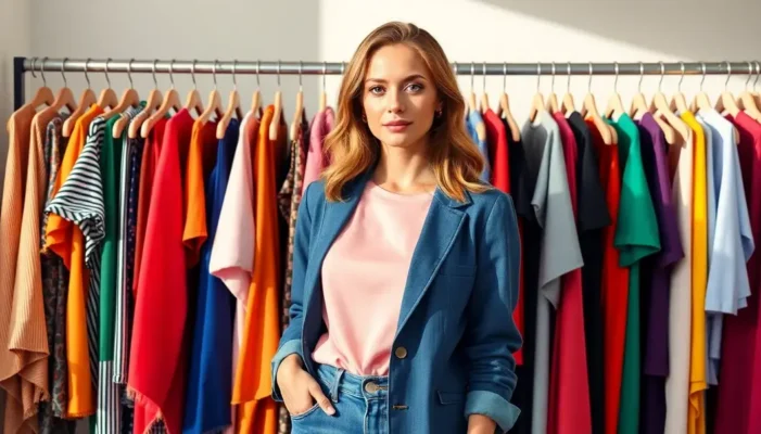 A person confidently in front of a wardrobe rack, showcasing a well-chosen personal color palette with a variety of hues.