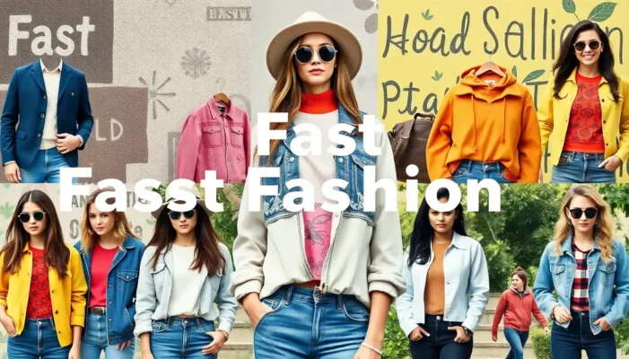Collage of stylish young adults and eco-friendly slogans, highlighting ethical fashion.