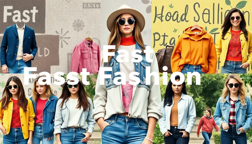 Collage of stylish young adults and eco-friendly slogans, highlighting ethical fashion.
