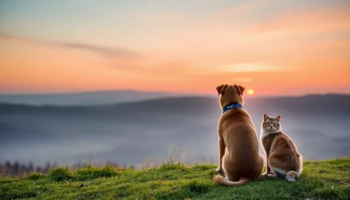 A dog and a cat calmly sitting on a hill at sunset, embodying peace and mindfulness.