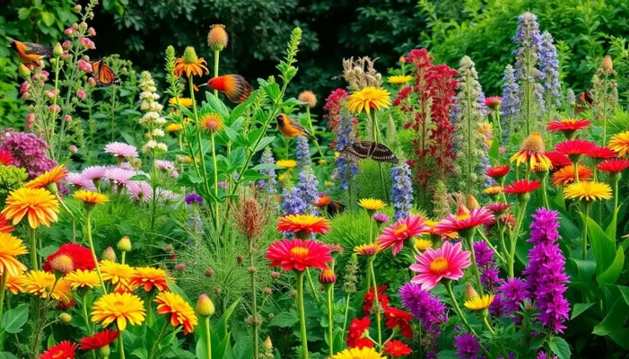 A garden showcasing a blend of native and exotic plant species with wildlife.