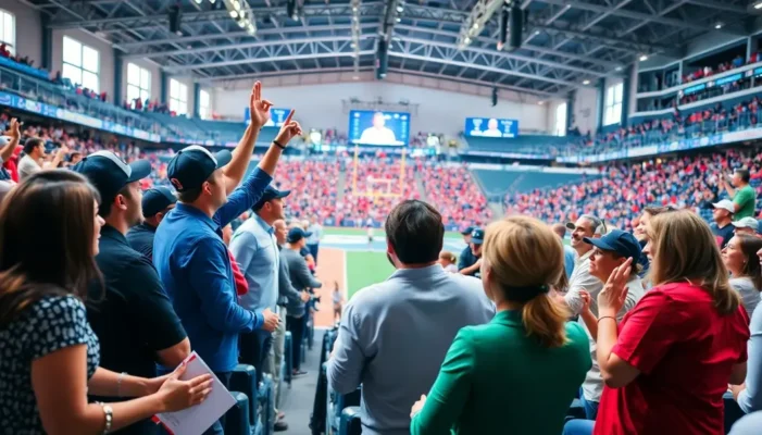 Sports fans enthusiastically engaging with service staff in a dynamic, sports-themed setting.