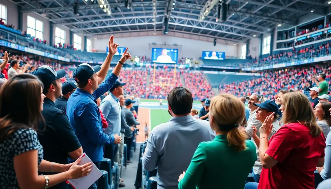 Sports fans enthusiastically engaging with service staff in a dynamic, sports-themed setting.