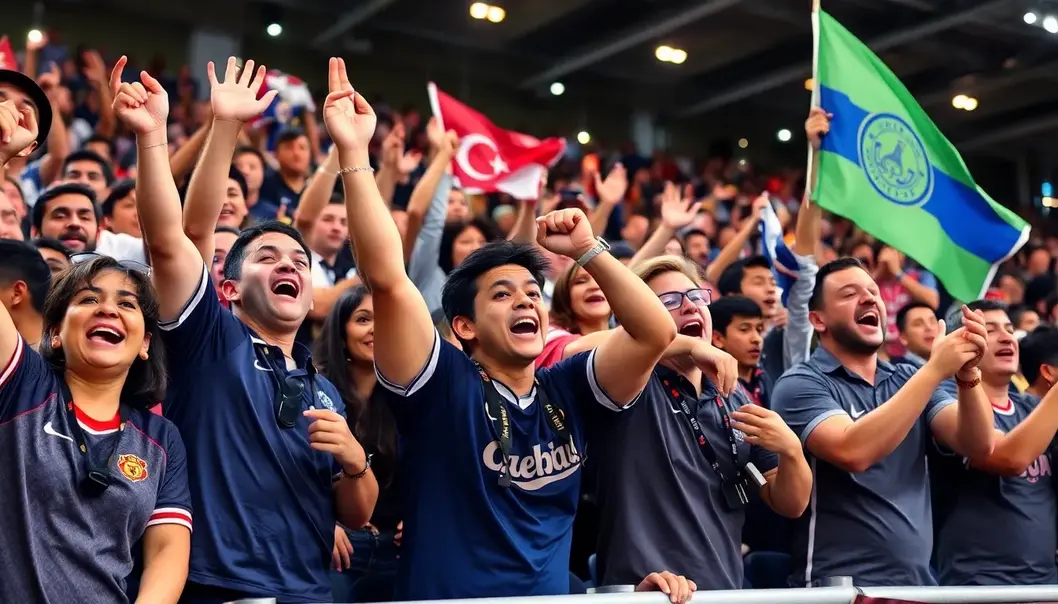 Sports fans expressing an array of emotions in a stadium setting.